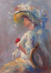"Enchanting", live model pose oil painting, 7" x 5"