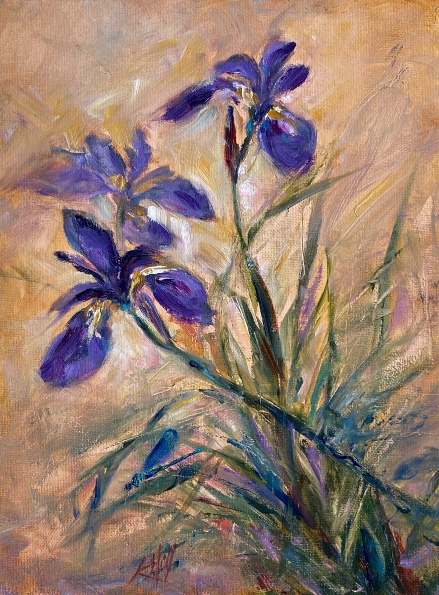 "Iris Basking with Damselfly", plein air oil painting, 12" x 9"