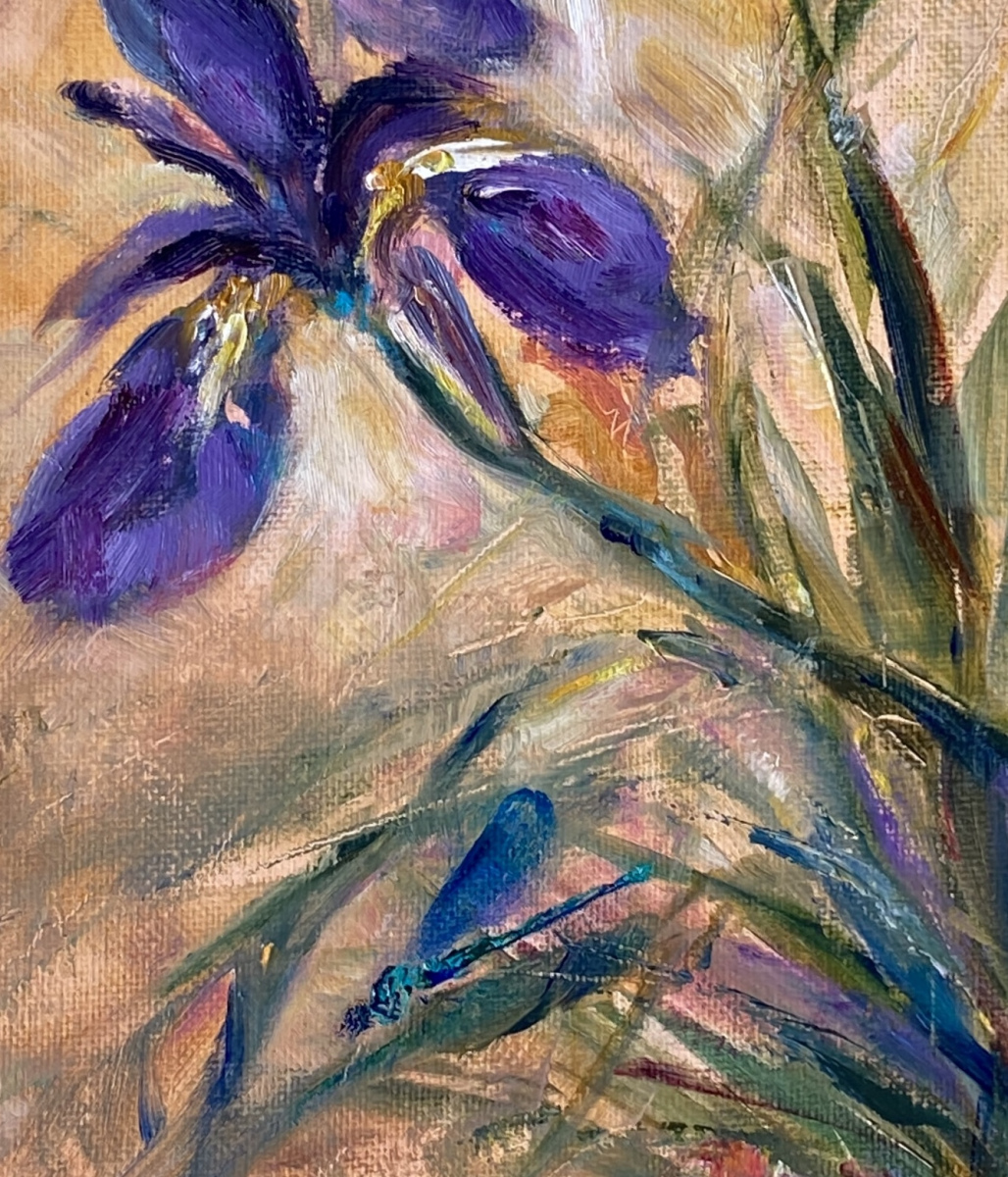 Detail of "Iris Basking with Damselfly", plein air oil painting, 12" x 9"
