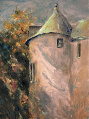 “Castle Perch Ocean Watch”, Kristin Hill, plein air oil 8” x 6”.  Plein air painting, Cape Ann and Hammond Castle on the coast of Gloucester, Massachusetts. The view from the window is the Atlantic dancing with defiant boulders and fairies splashing with glee! “Castle Perch Ocean Watch”, Kristin Hill, plein air oil 8” x 6”.   During Cape Ann Plein Air week 2022